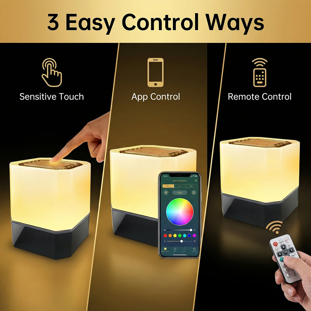 Speaker, Wireless Speaker Night Lights, Bedside Lamp, Alarm Clock, with Remote & APP Contro, Multi-Color Changing, Full Recitations of Famous Imams Translation
