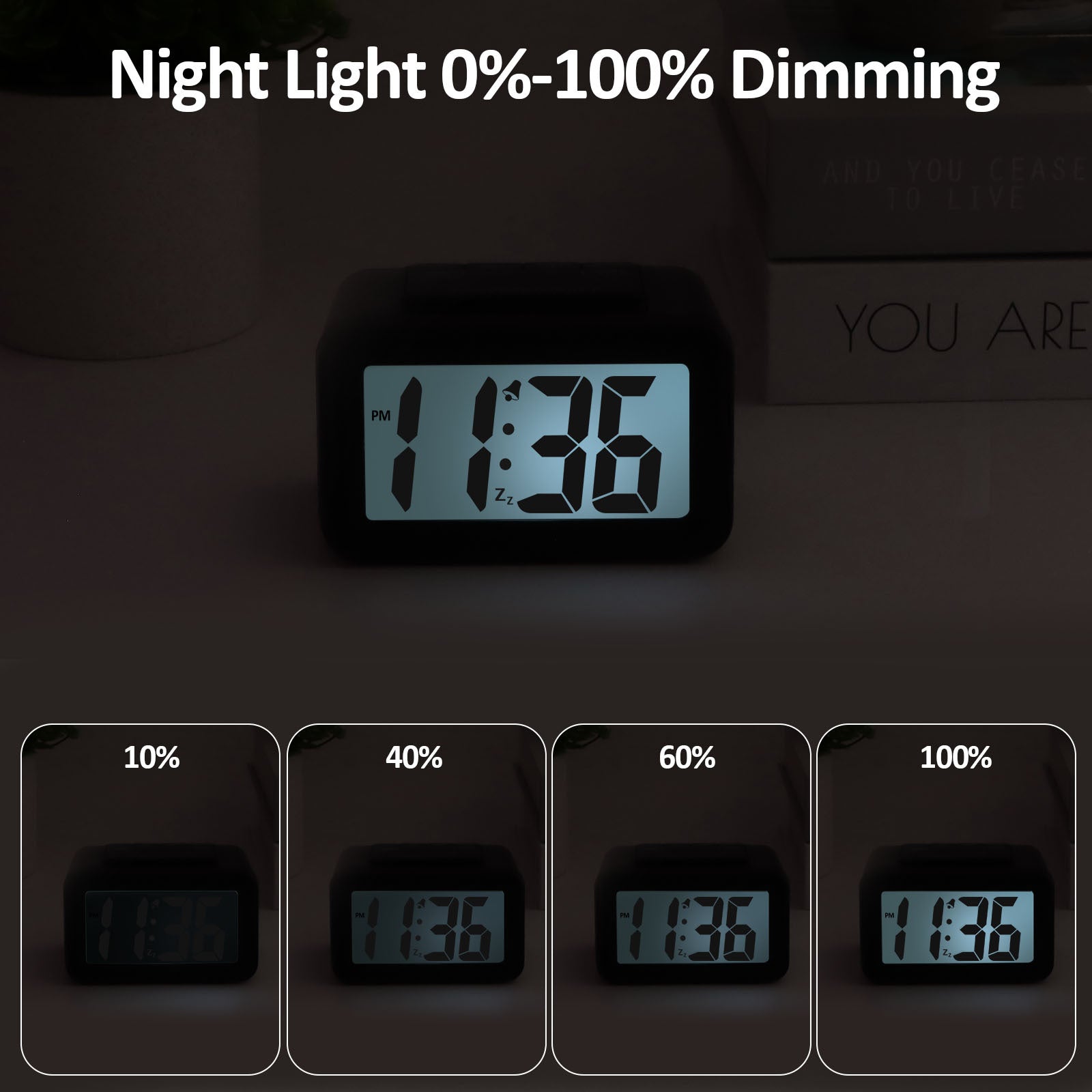 Brightness Adjustable Digital Alarm Clock 0-100 with Snooze HD Display for Home Travel Office Use