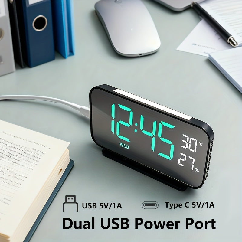 LED Clock Displaying Time, Temperature, and Humidity | Dual Alarms, Three-Level Brightness, USB Powered, Suitable for Indoor and Outdoor Use