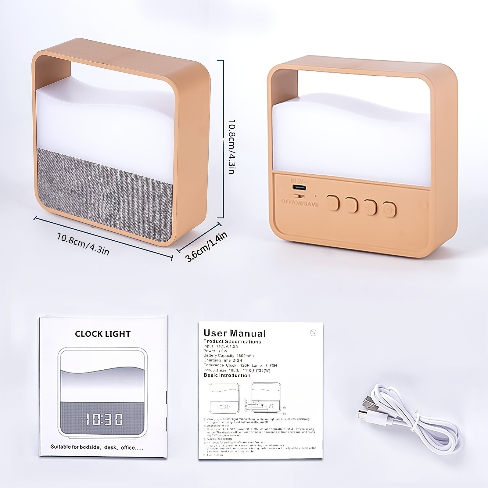 LED Bedside Lamp, Night Light with Alarm Clock, Time Display, Rechargeable Desk Night Light, Bedside Sleep Light, Portable LED Lamp, Adjustable Brightness Light, Soft Lighting Suitable for Home Bedrooms