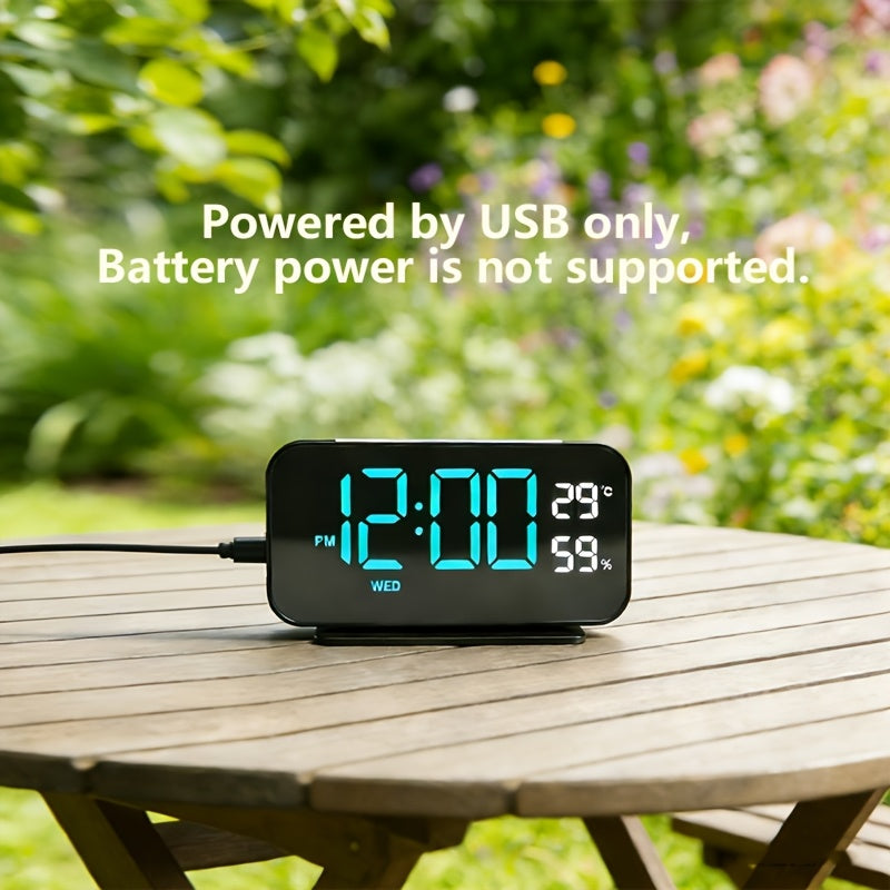 LED Clock Displaying Time, Temperature, and Humidity | Dual Alarms, Three-Level Brightness, USB Powered, Suitable for Indoor and Outdoor Use
