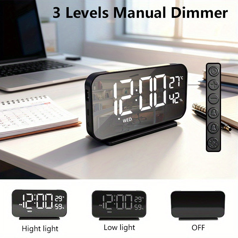 LED Clock Displaying Time, Temperature, and Humidity | Dual Alarms, Three-Level Brightness, USB Powered, Suitable for Indoor and Outdoor Use