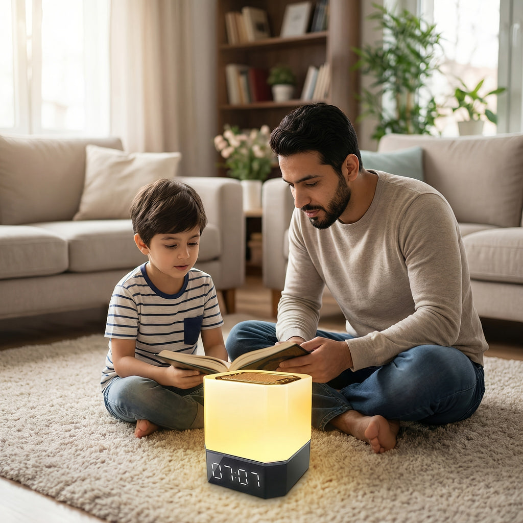 Speaker, Wireless Speaker Night Lights, Bedside Lamp, Alarm Clock, with Remote & APP Contro, Multi-Color Changing, Full Recitations of Famous Imams Translation